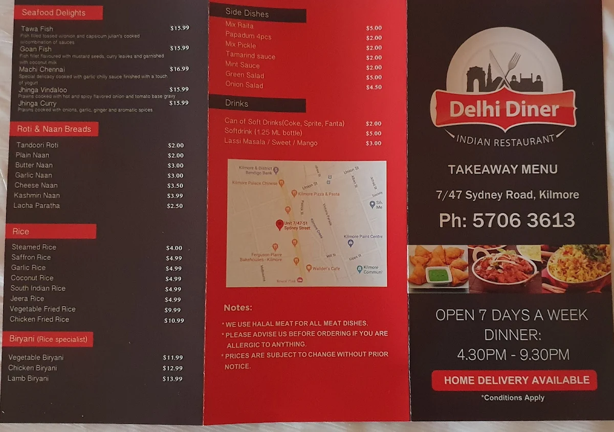 Menu, Delhi Diner Kilmore