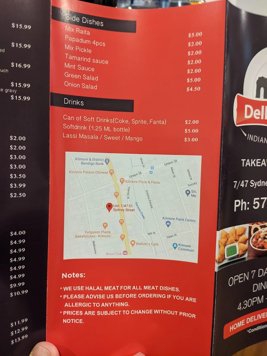 Menu, Delhi Diner Kilmore