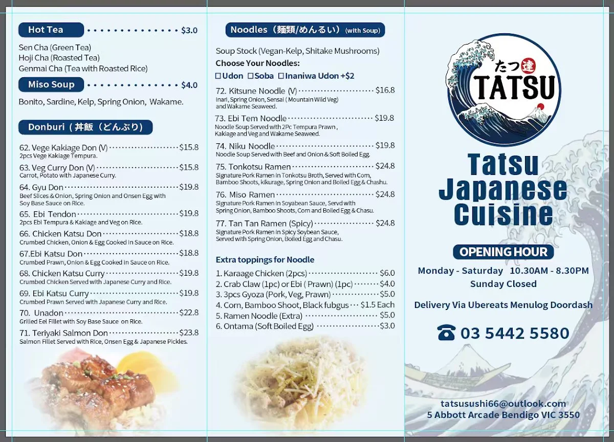 Menu, tatsu japanese cuisine
