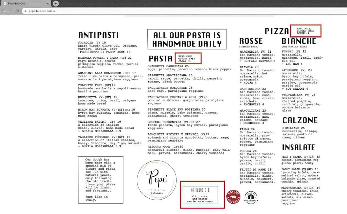 Menu, THE DELI BY PEPE ITALIA