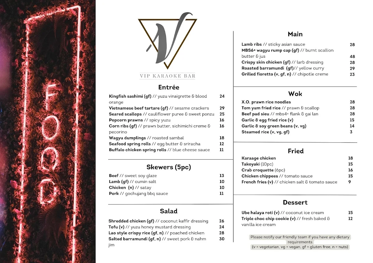 Menu, VIP Karaoke Bar - Canley Heights