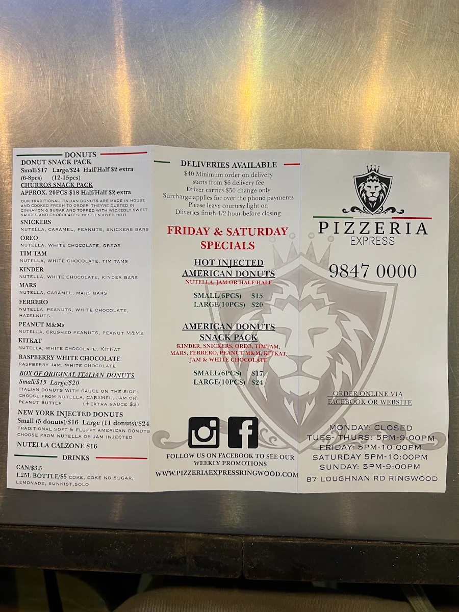 Menu, Pizzeria Express
