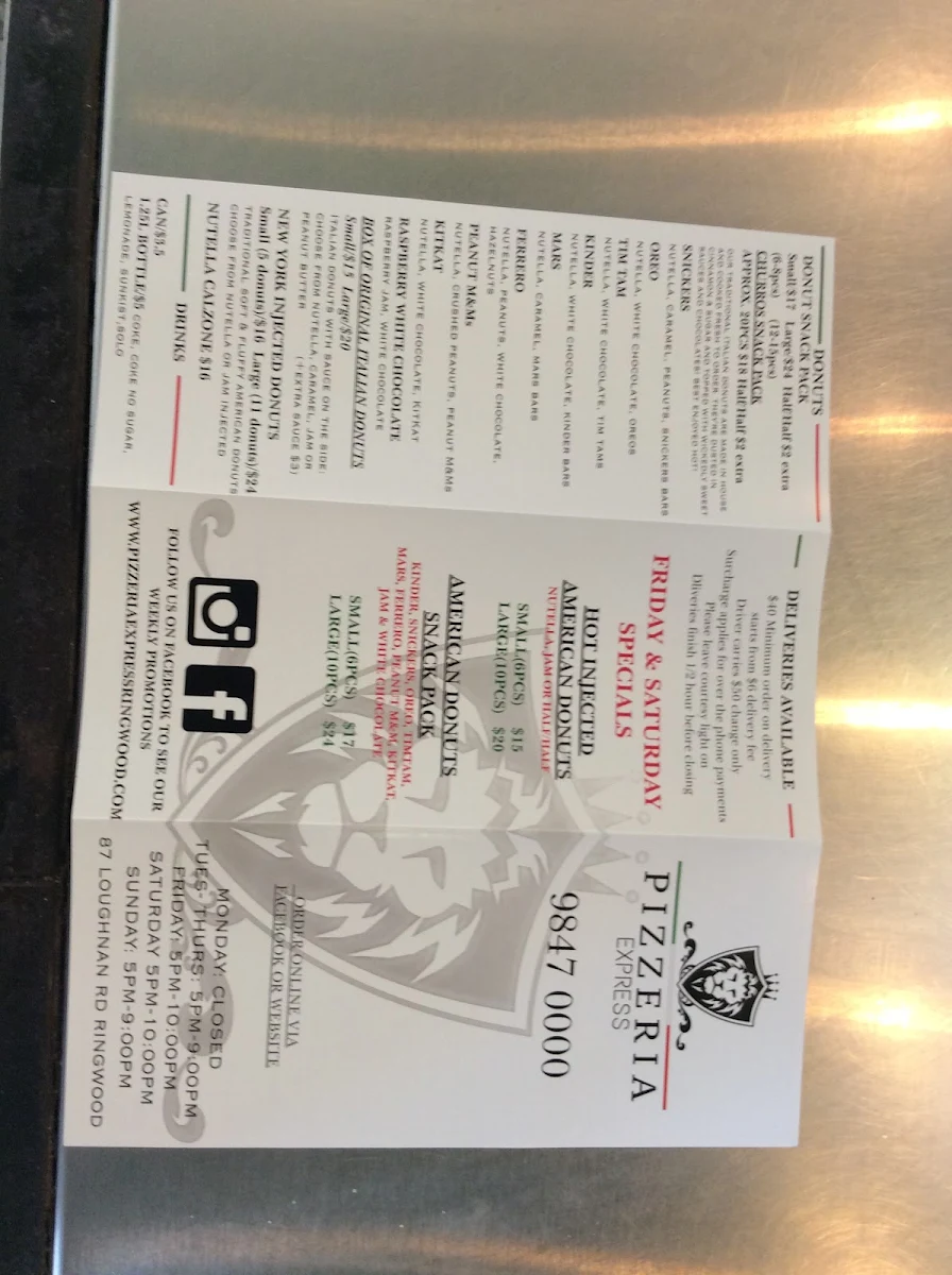 Menu, Pizzeria Express