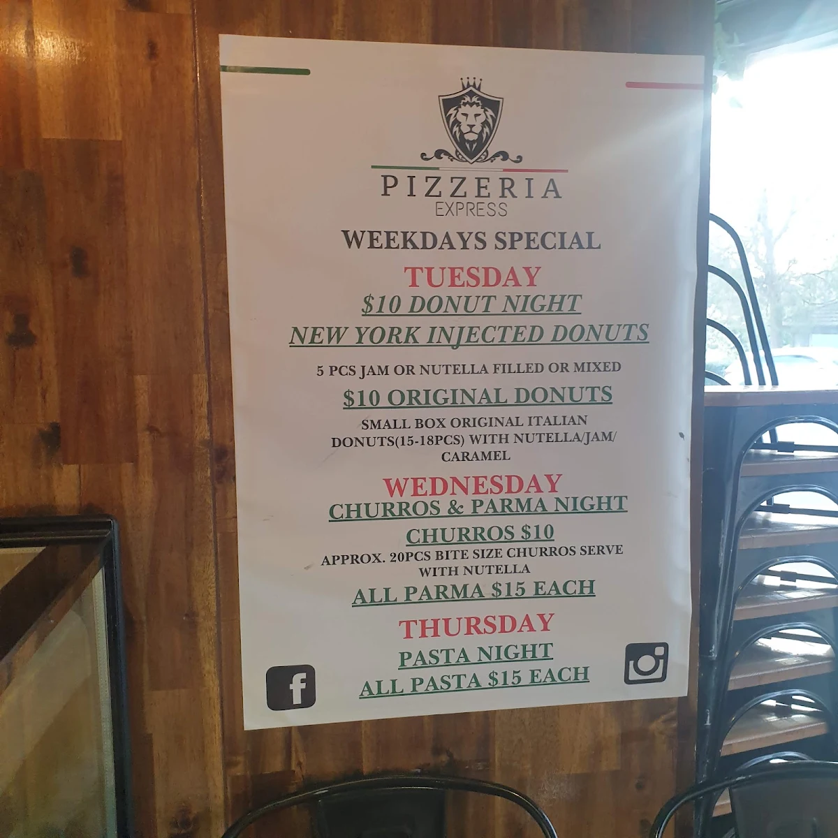 Menu, Pizzeria Express