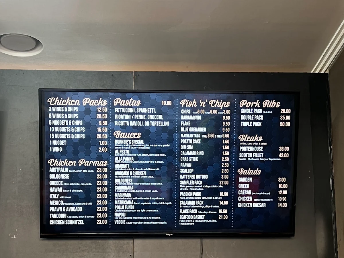 Menu, Burnsies Pizza