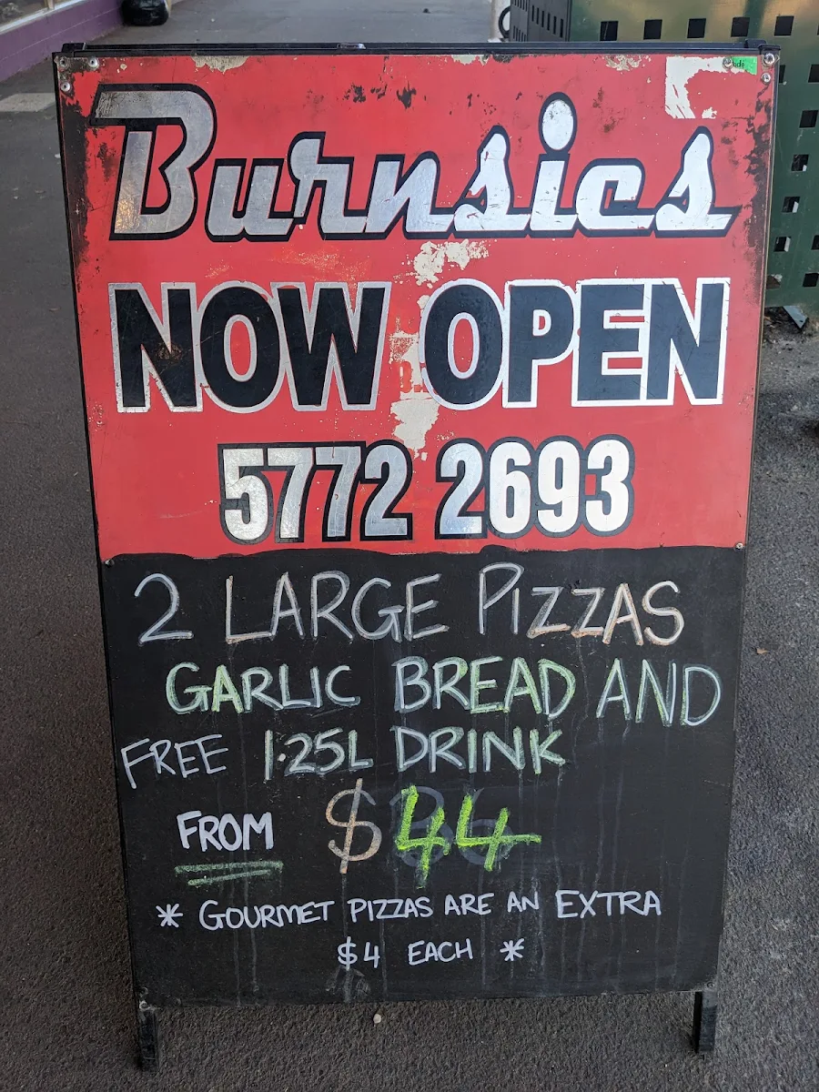 Menu, Burnsies Pizza