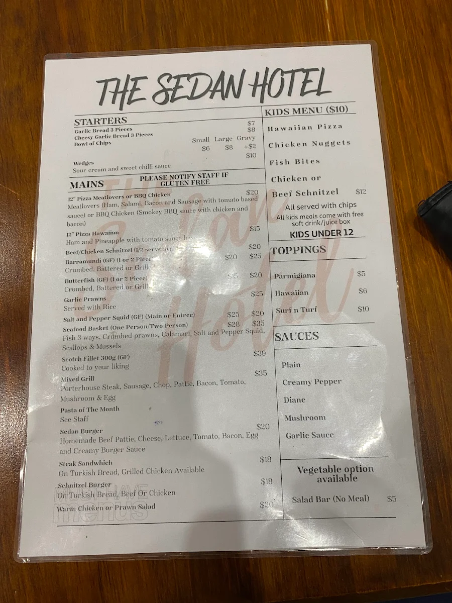 Menu, Sedan Hotel