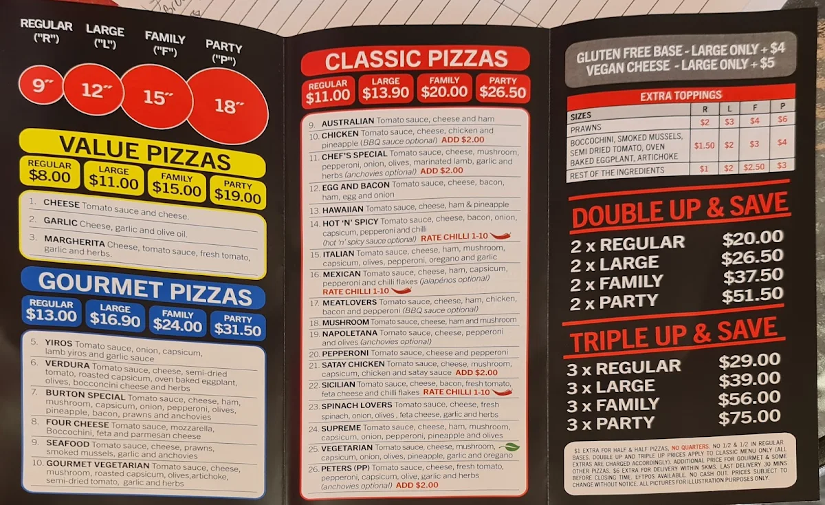 Menu, Burton Pizza