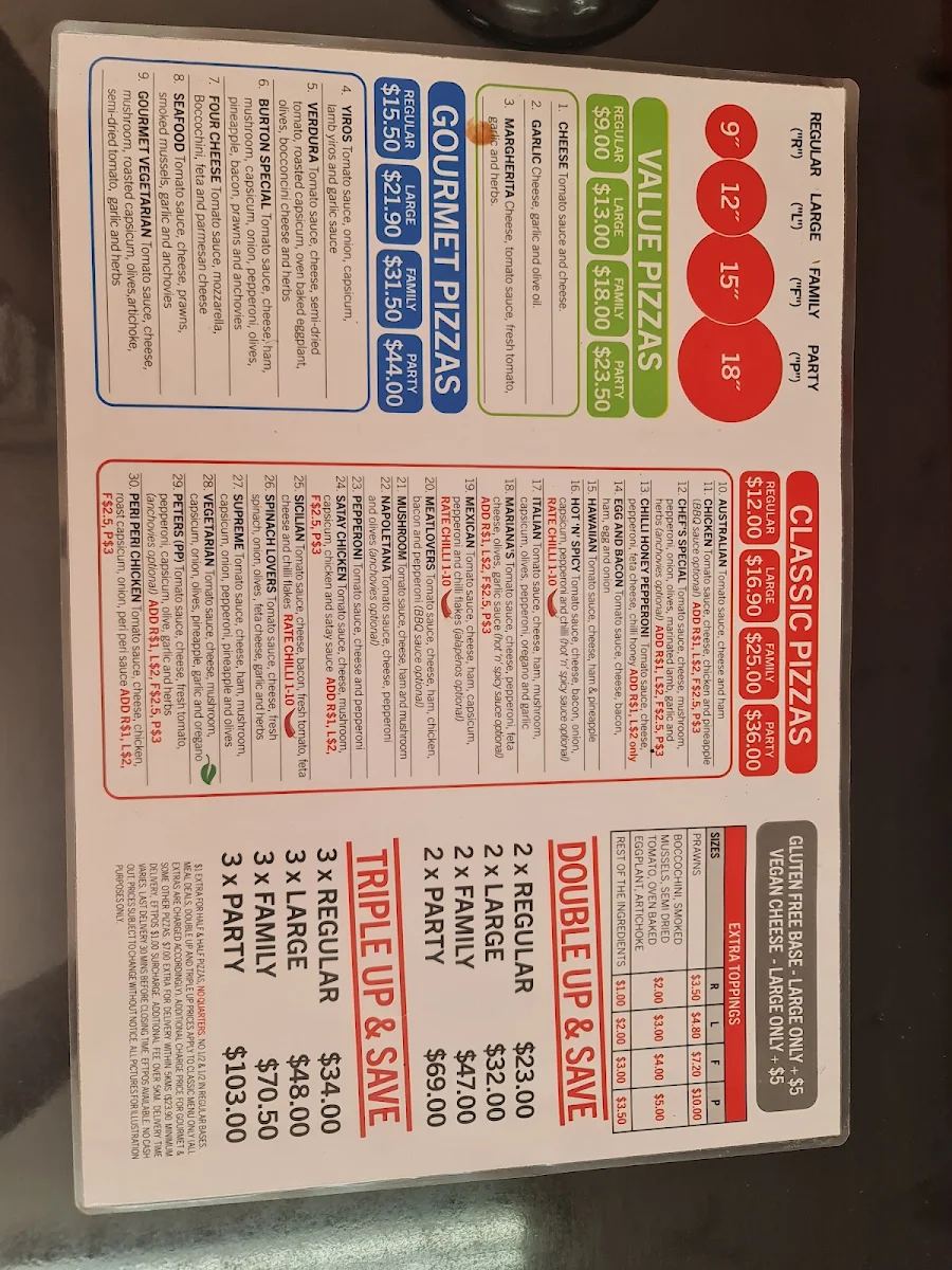 Menu, Burton Pizza