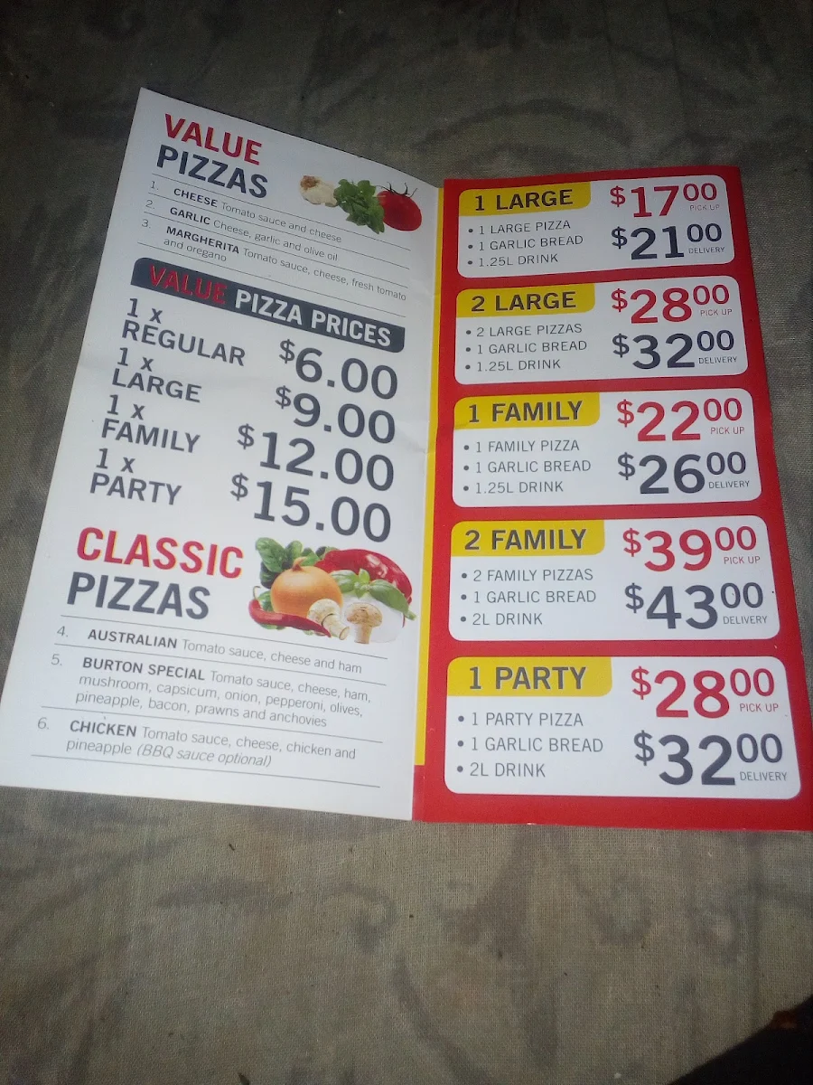 Menu, Burton Pizza