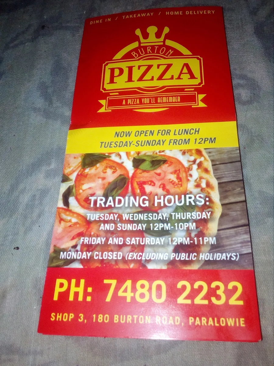 Menu, Burton Pizza