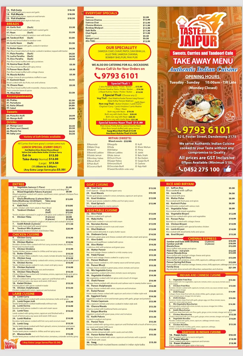 Menu, Taste of Jaipur
