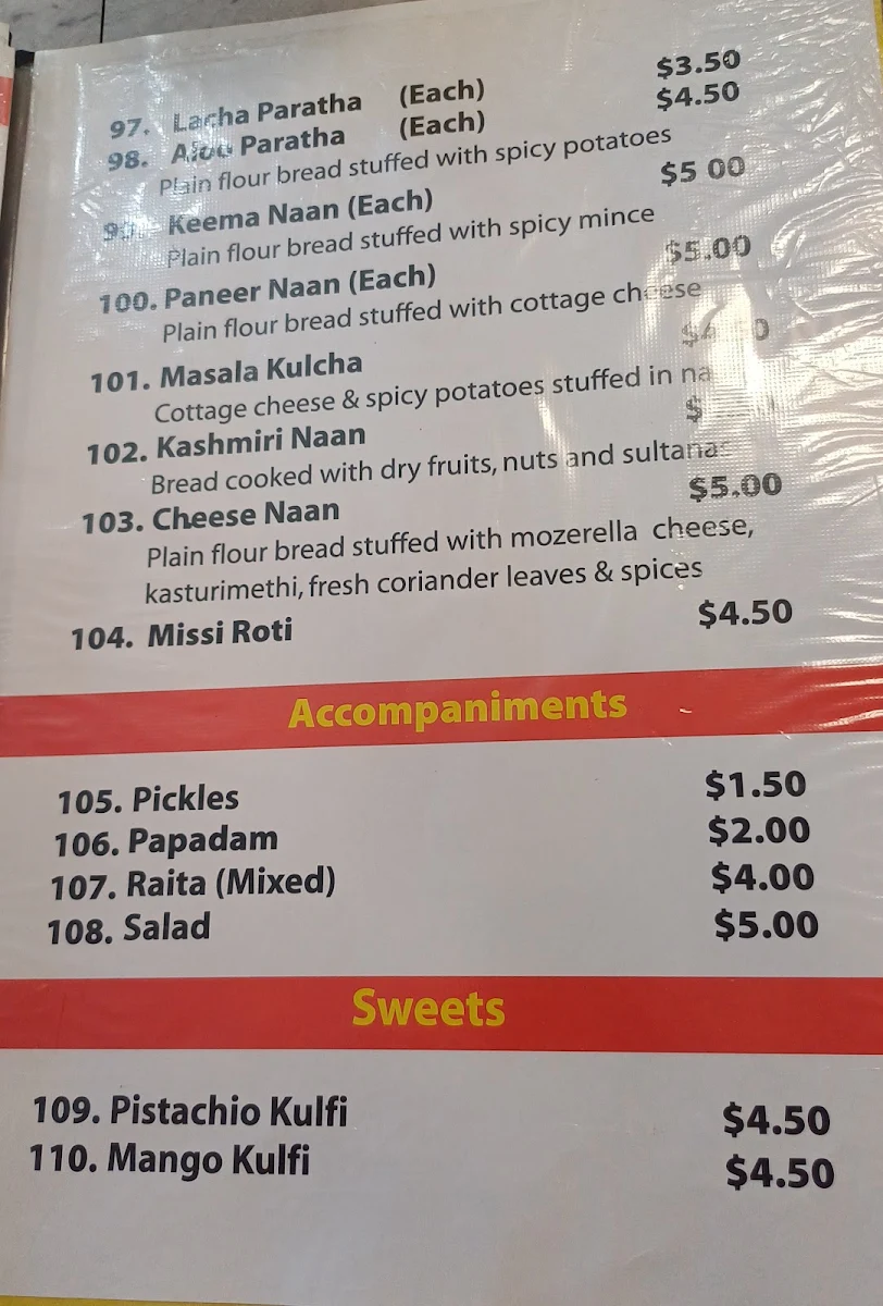 Menu, Taste of Jaipur