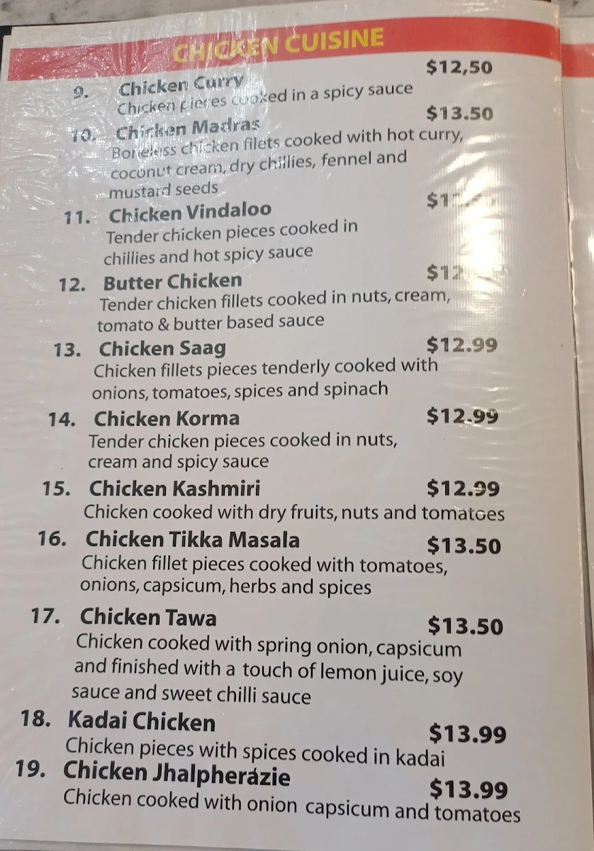 Menu, Taste of Jaipur
