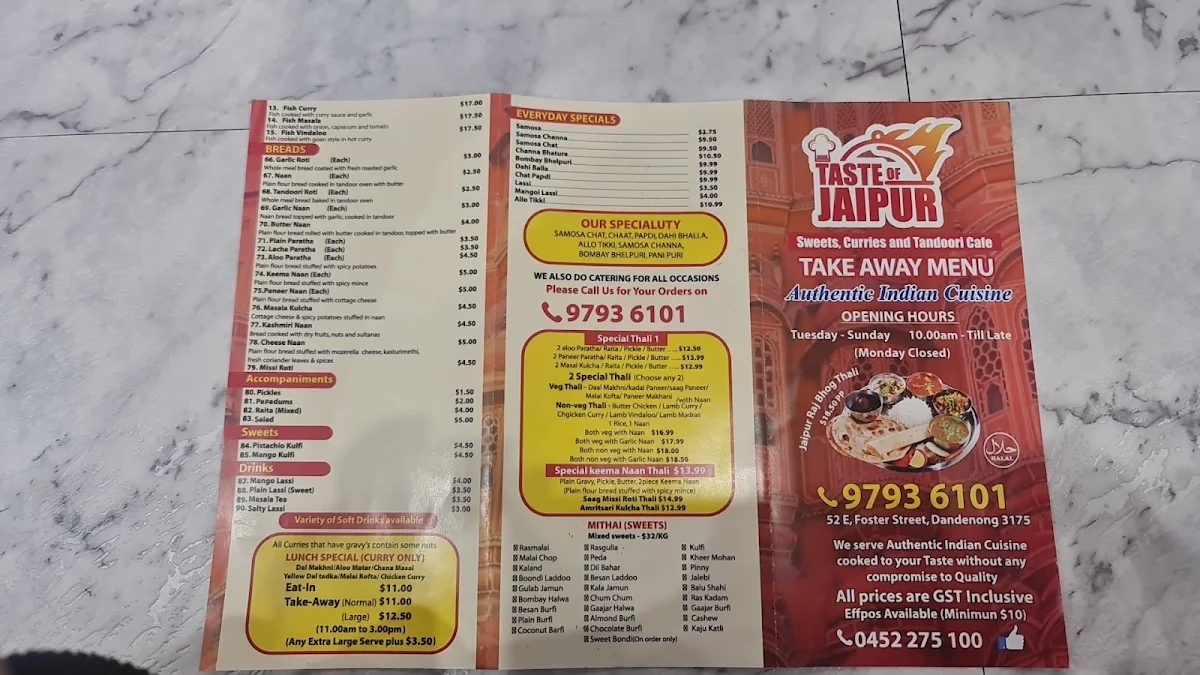 Menu, Taste of Jaipur