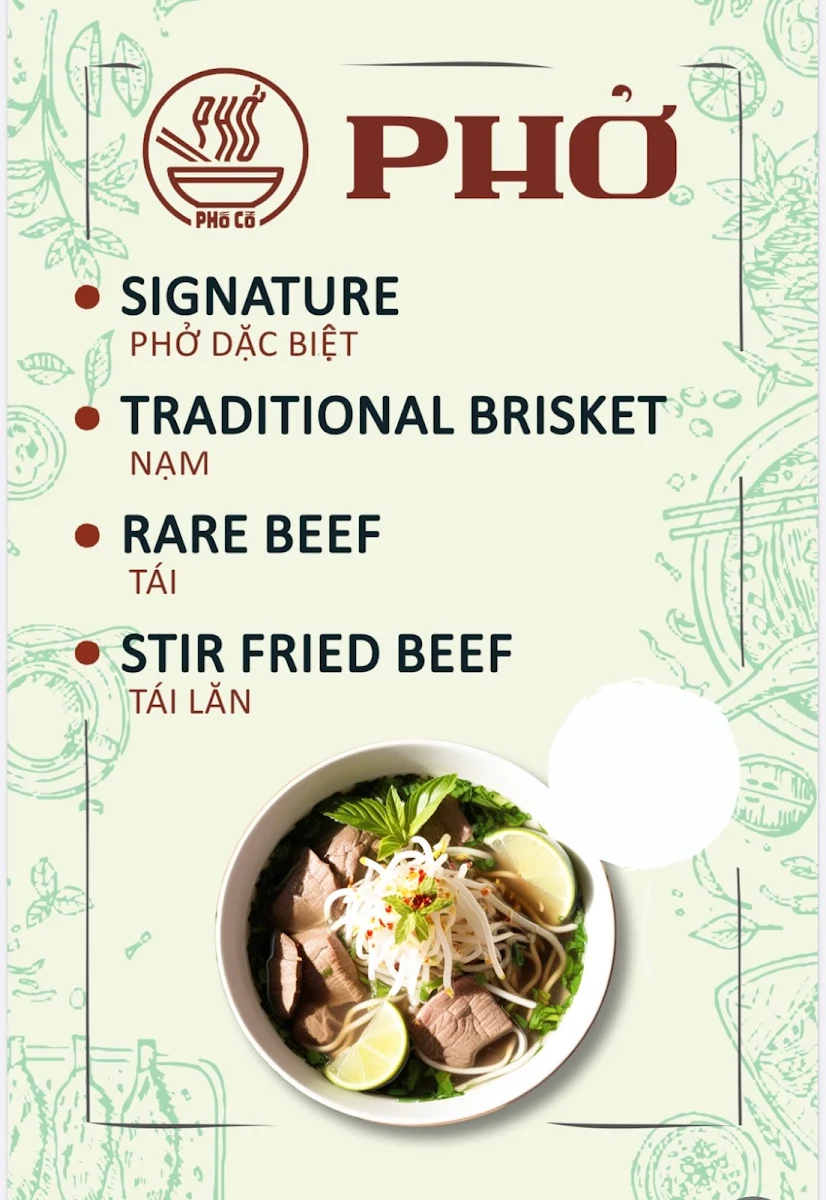 Menu, Pho Pho Co
