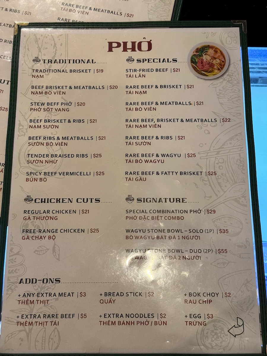 Menu, Pho Pho Co