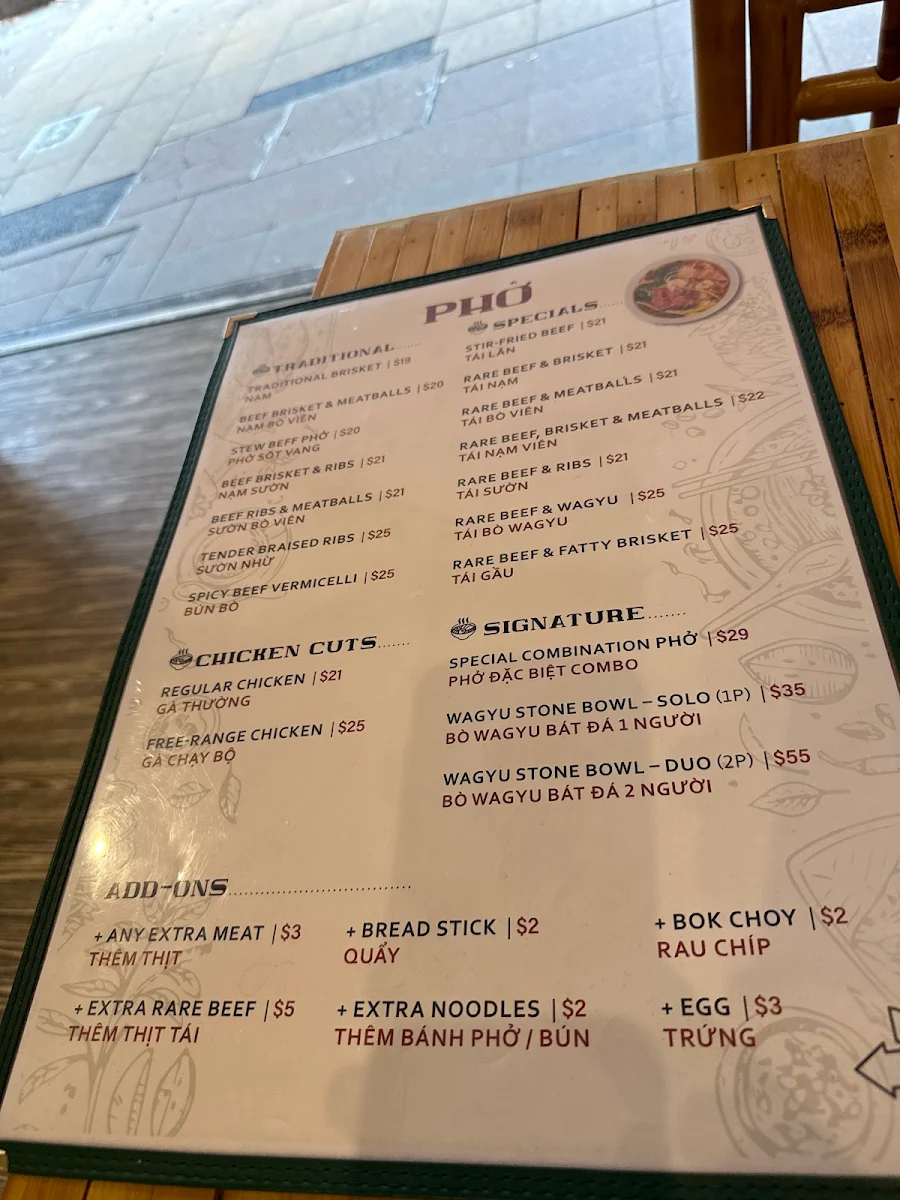 Menu, Pho Pho Co