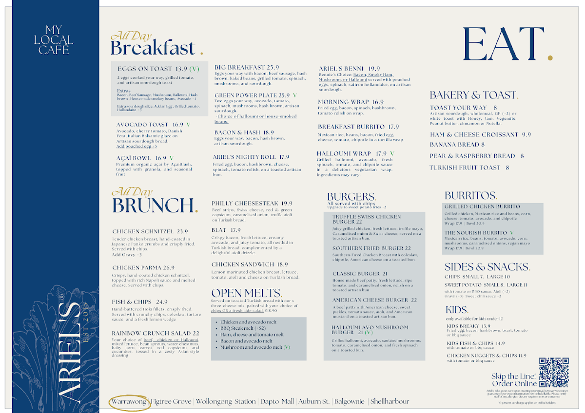 Menu, Ariel's Warrawong