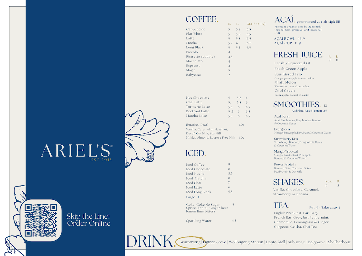 Menu, Ariel's Warrawong