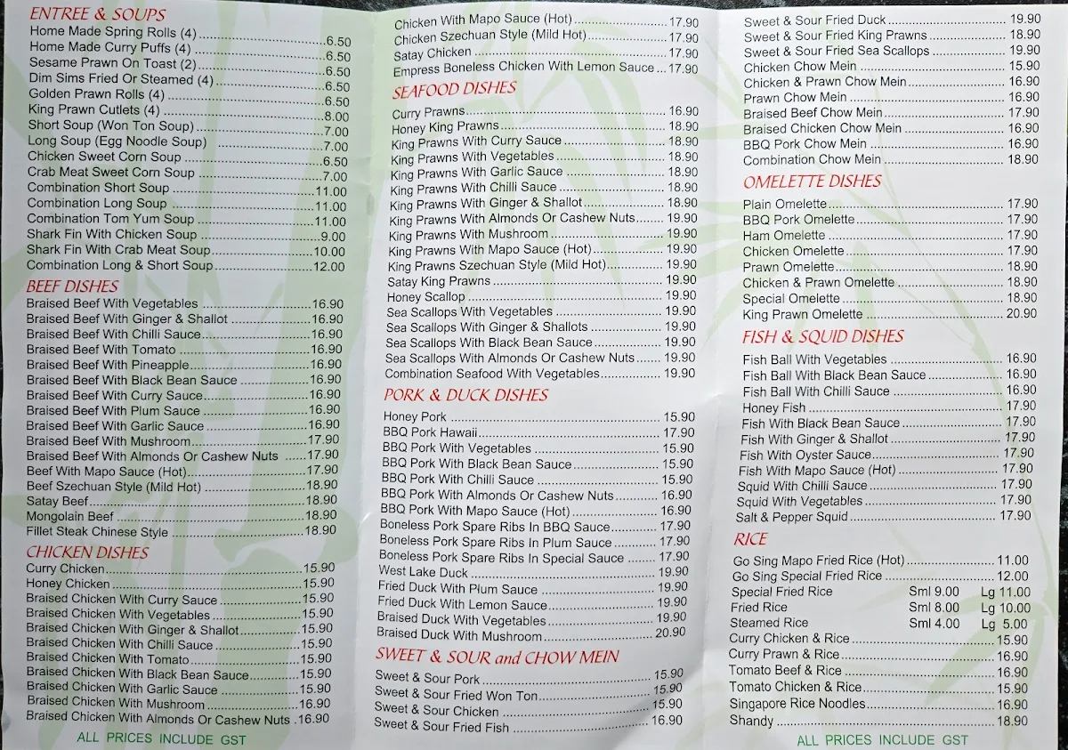 Menu, Go Sing Chinese Delivery