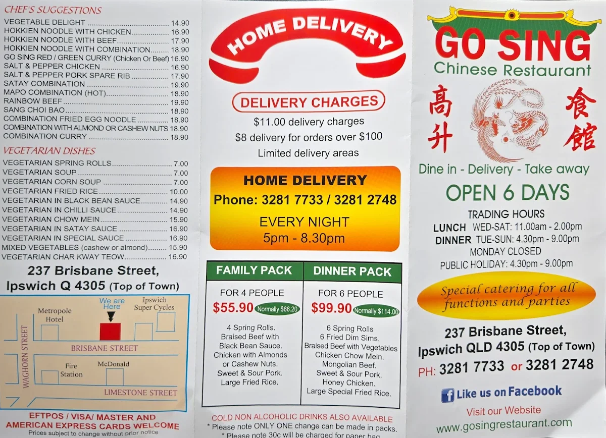 Menu, Go Sing Chinese Delivery