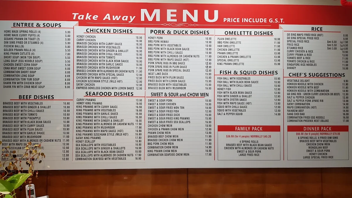 Menu, Go Sing Chinese Delivery