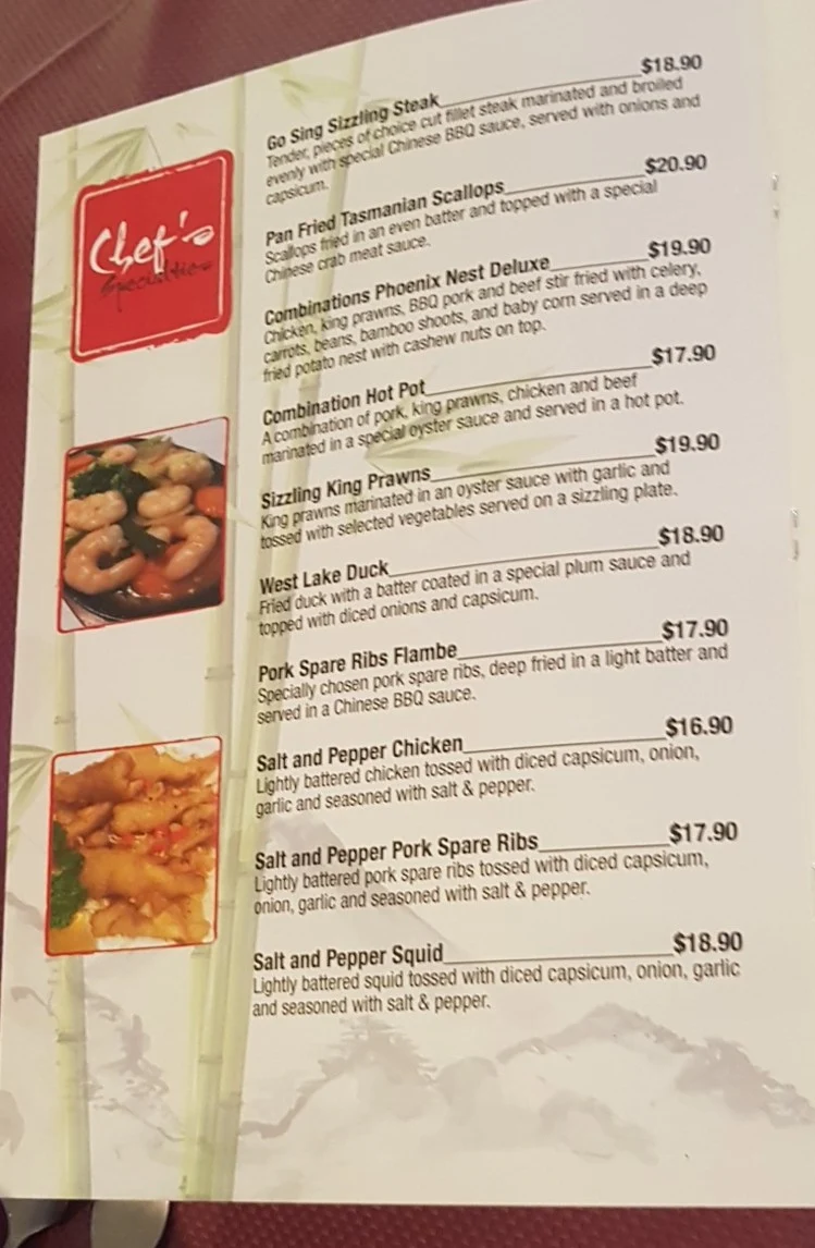 Menu, Go Sing Chinese Delivery