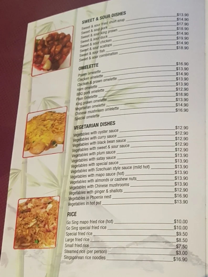 Menu, Go Sing Chinese Delivery