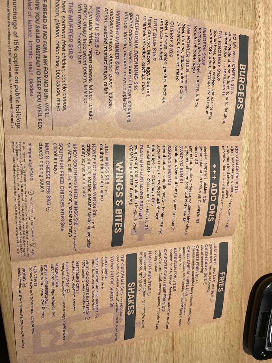 Menu, YOMG Pakenham