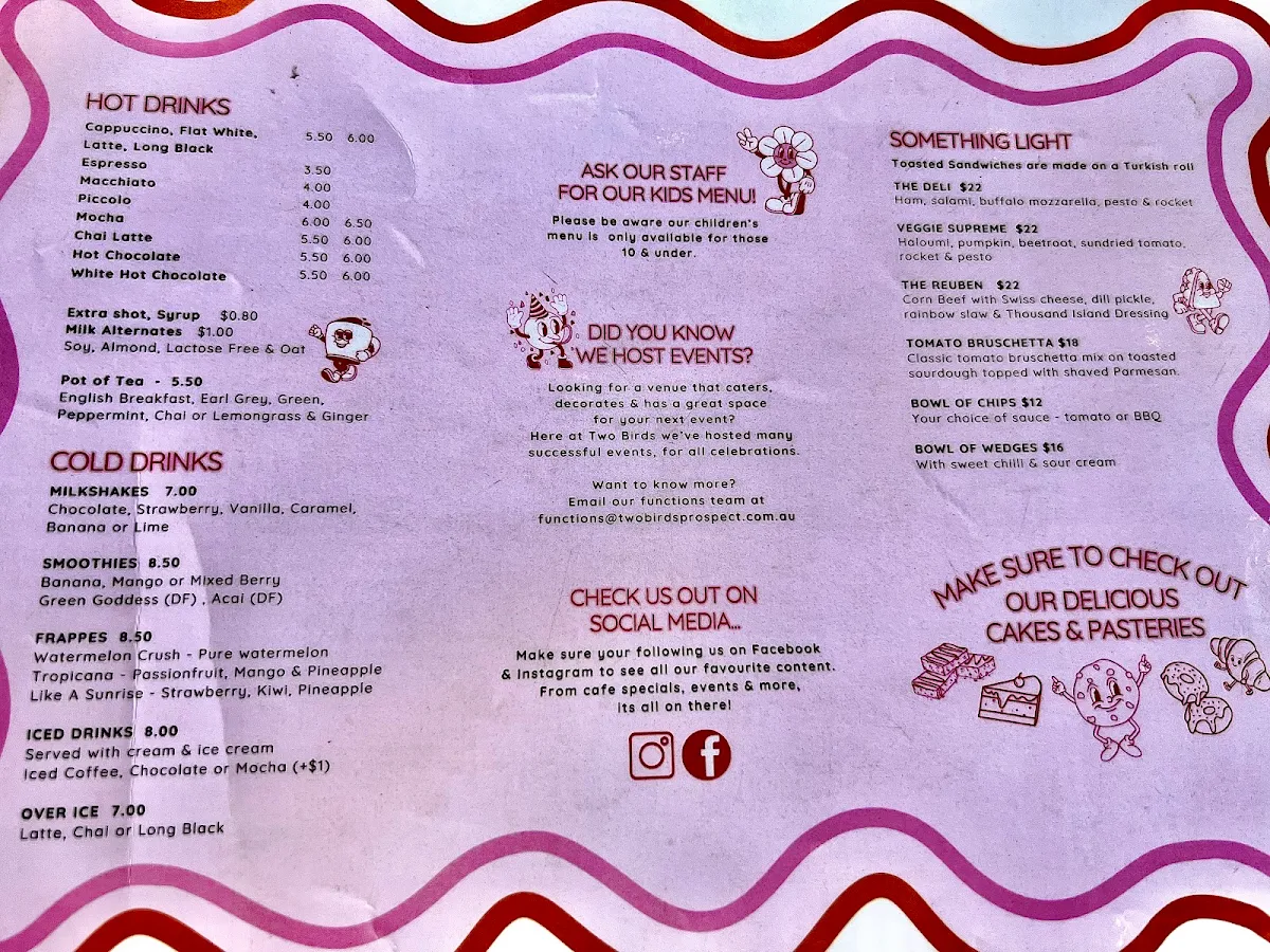 Menu, Two Birds Prospect
