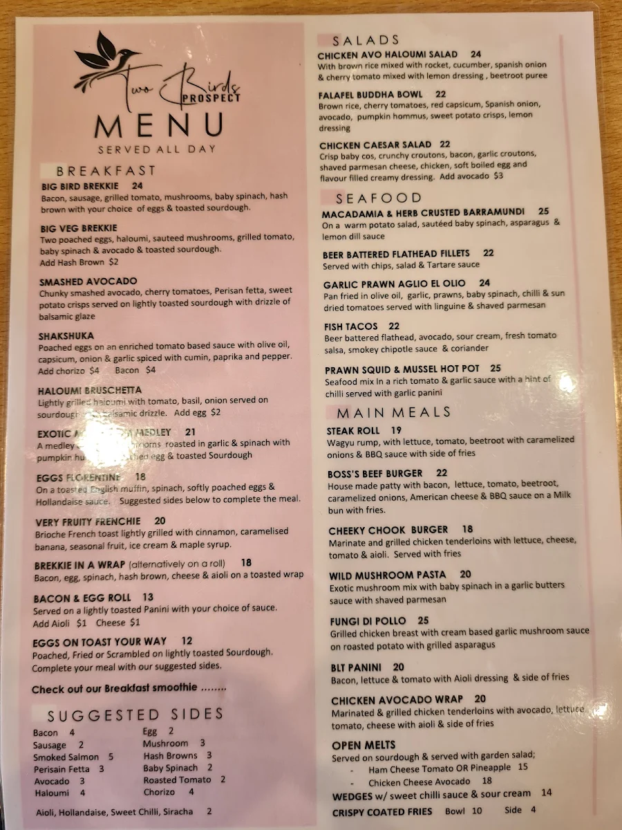 Menu, Two Birds Prospect