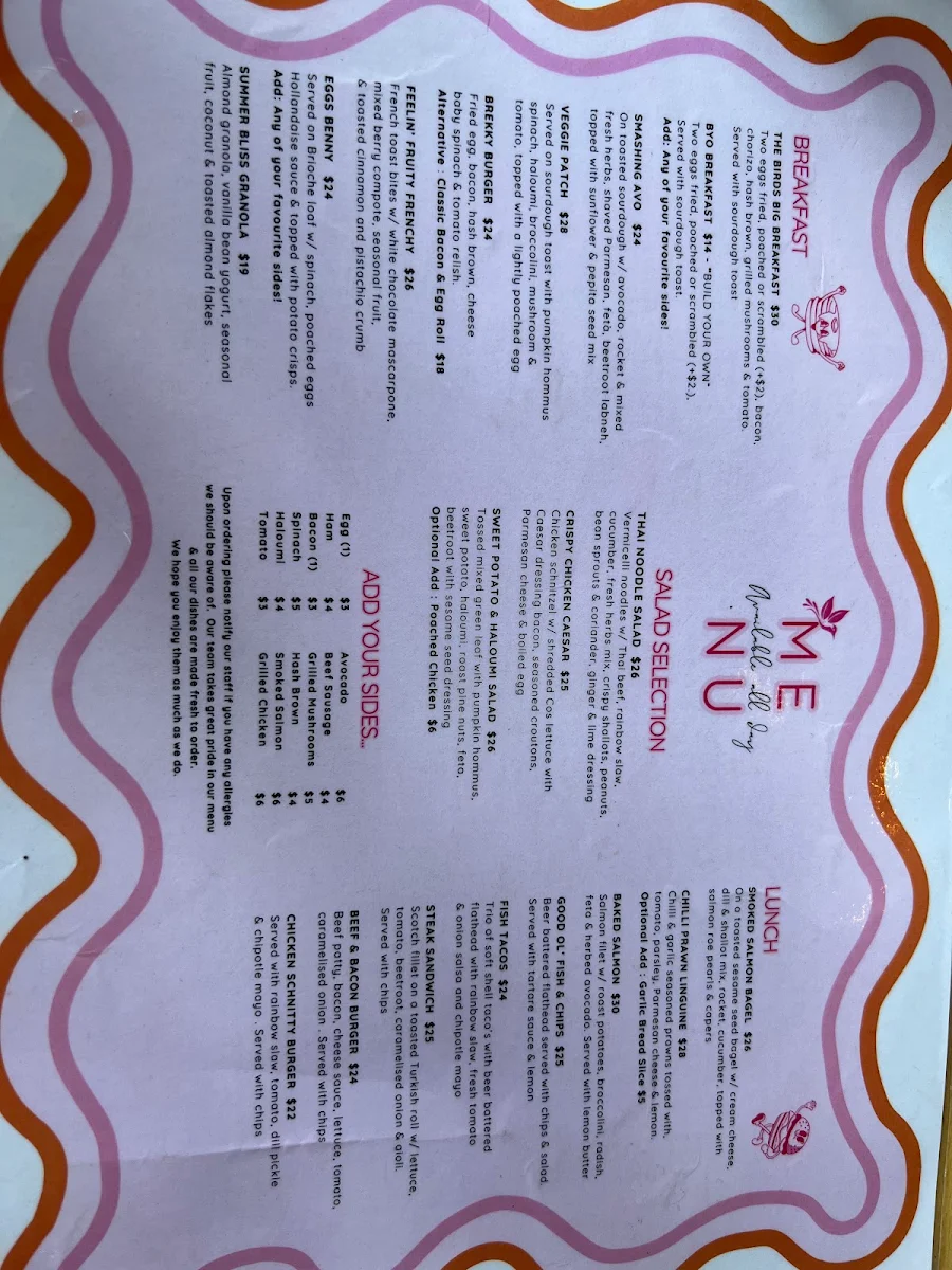 Menu, Two Birds Prospect