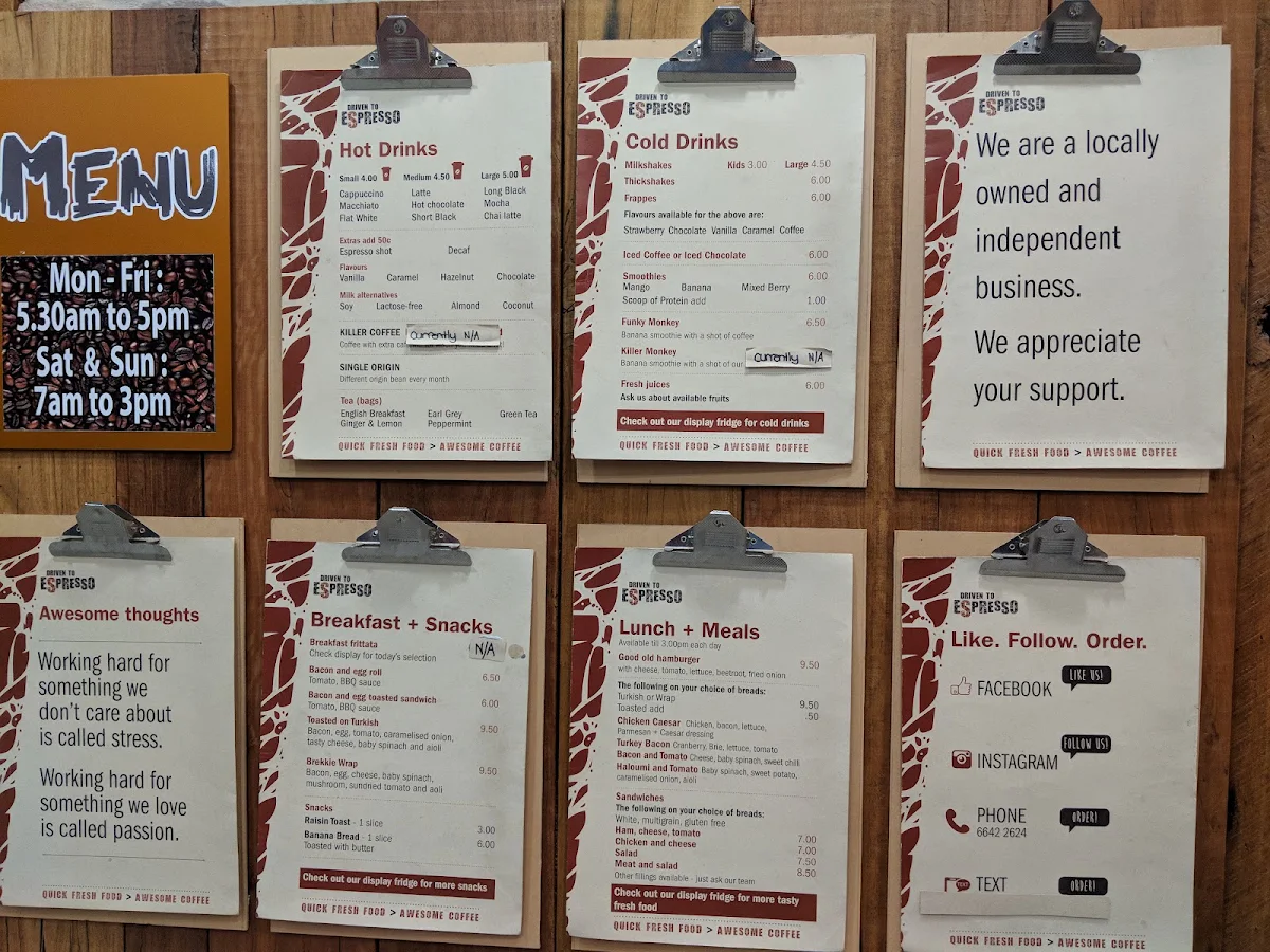 Menu, Driven to Espresso