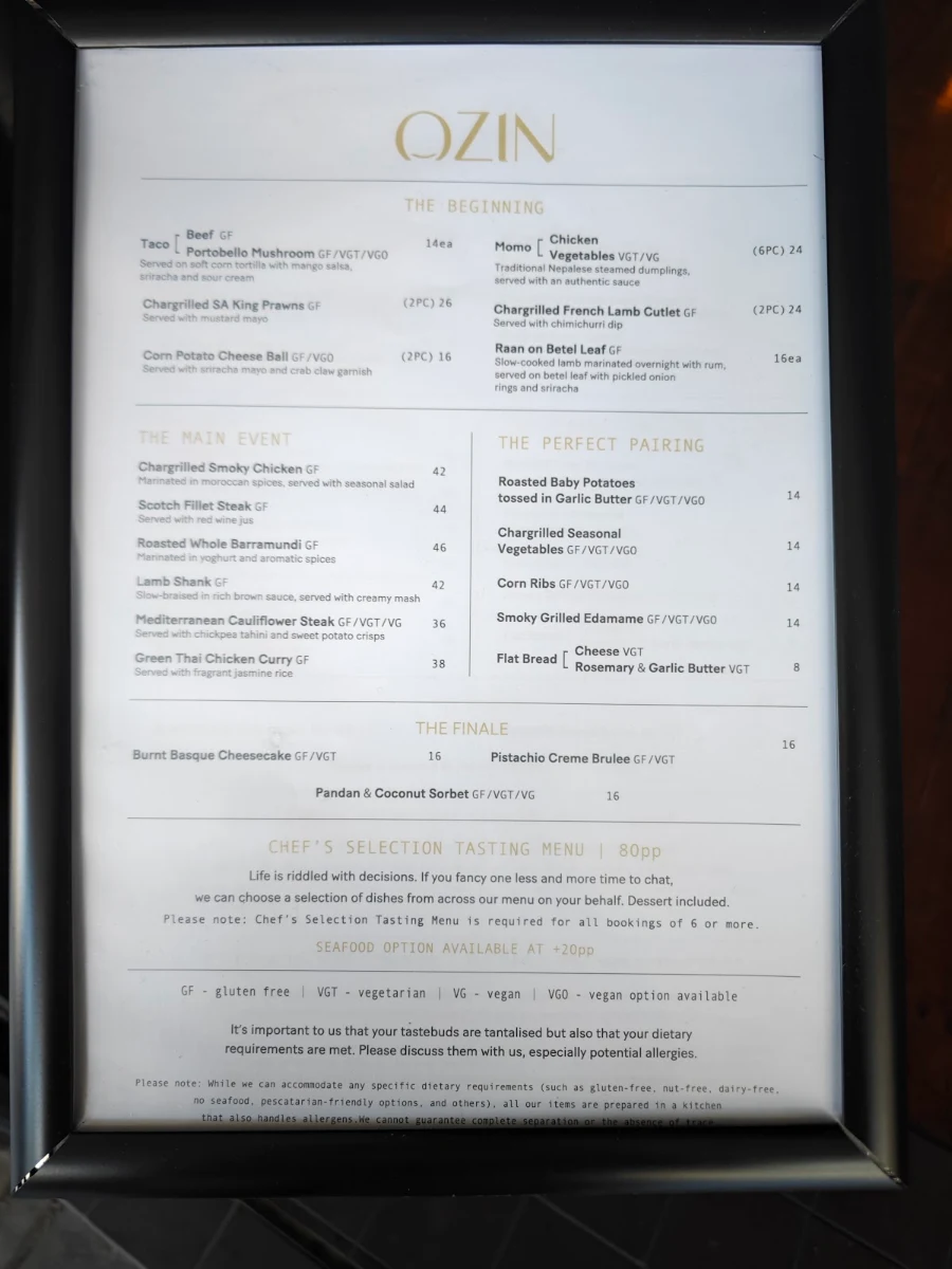 Menu, OZIN Restaurant