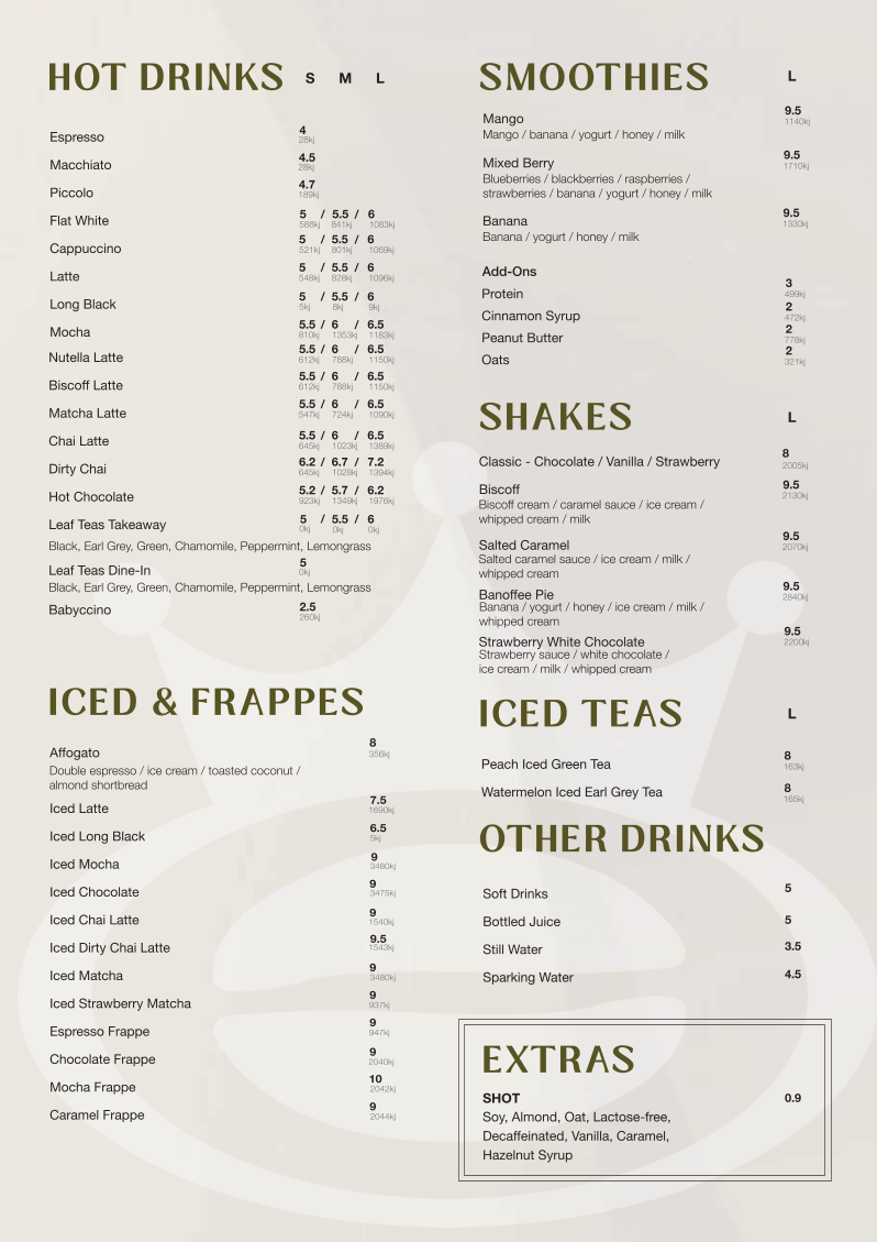 Menu, The Coffee Emporium Corrimal