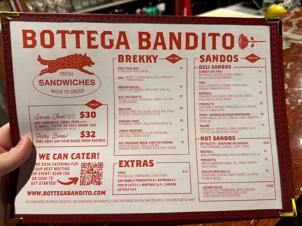 Menu, Bottega Bandito James Pl