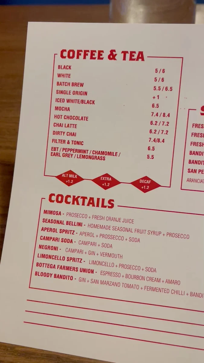 Menu, Bottega Bandito James Pl