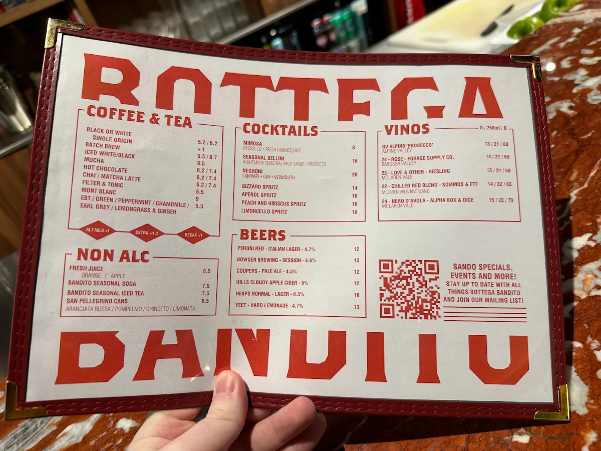 Menu, Bottega Bandito James Pl