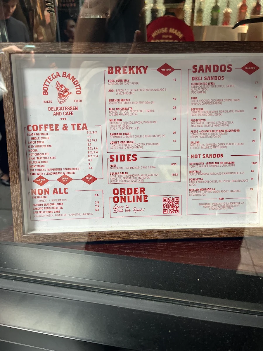 Menu, Bottega Bandito James Pl