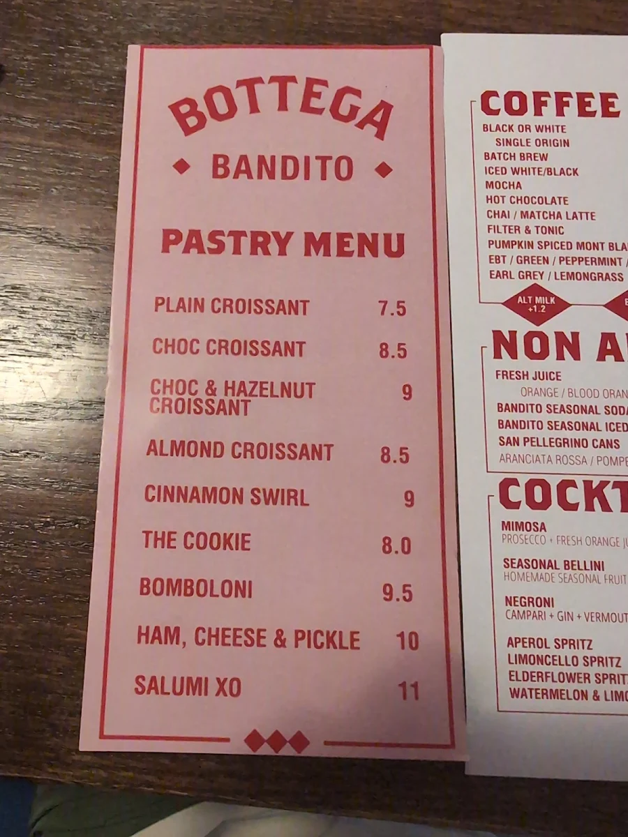 Menu, Bottega Bandito James Pl