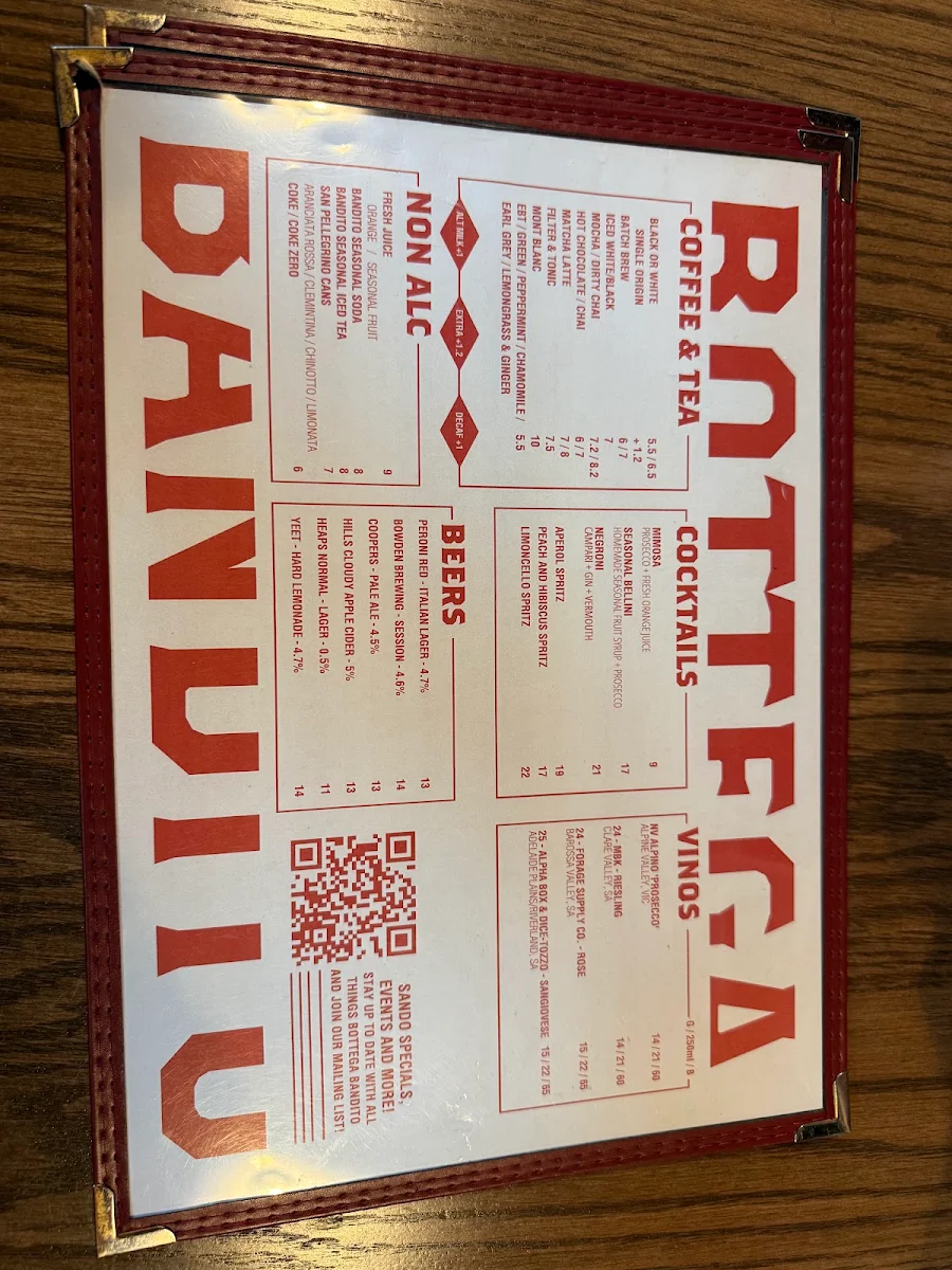 Menu, Bottega Bandito James Pl