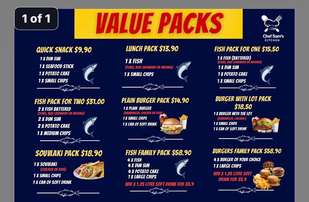 Menu, Con's Fish & Chips & Takeaway Food