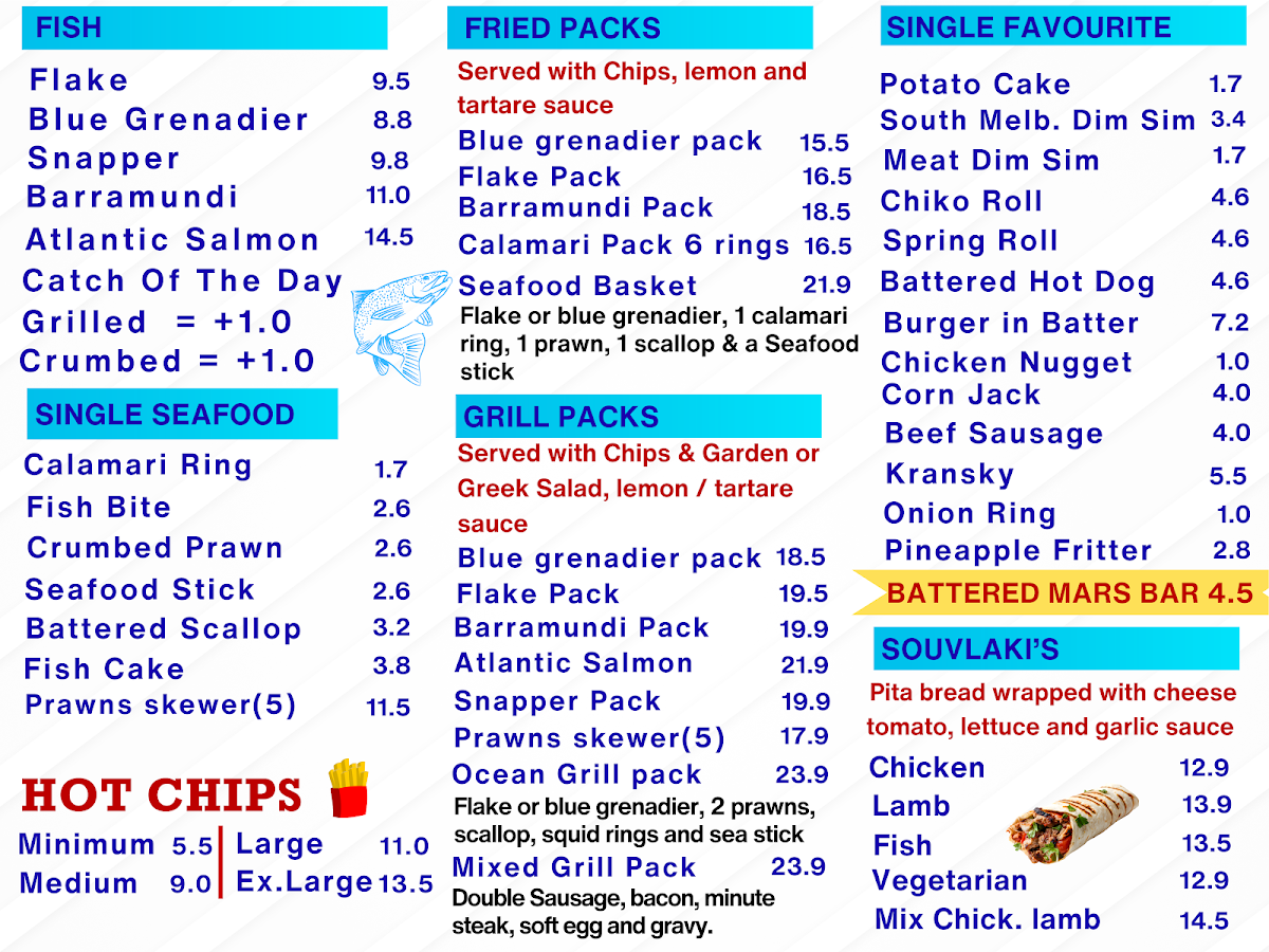 Menu, Con's Fish & Chips & Takeaway Food