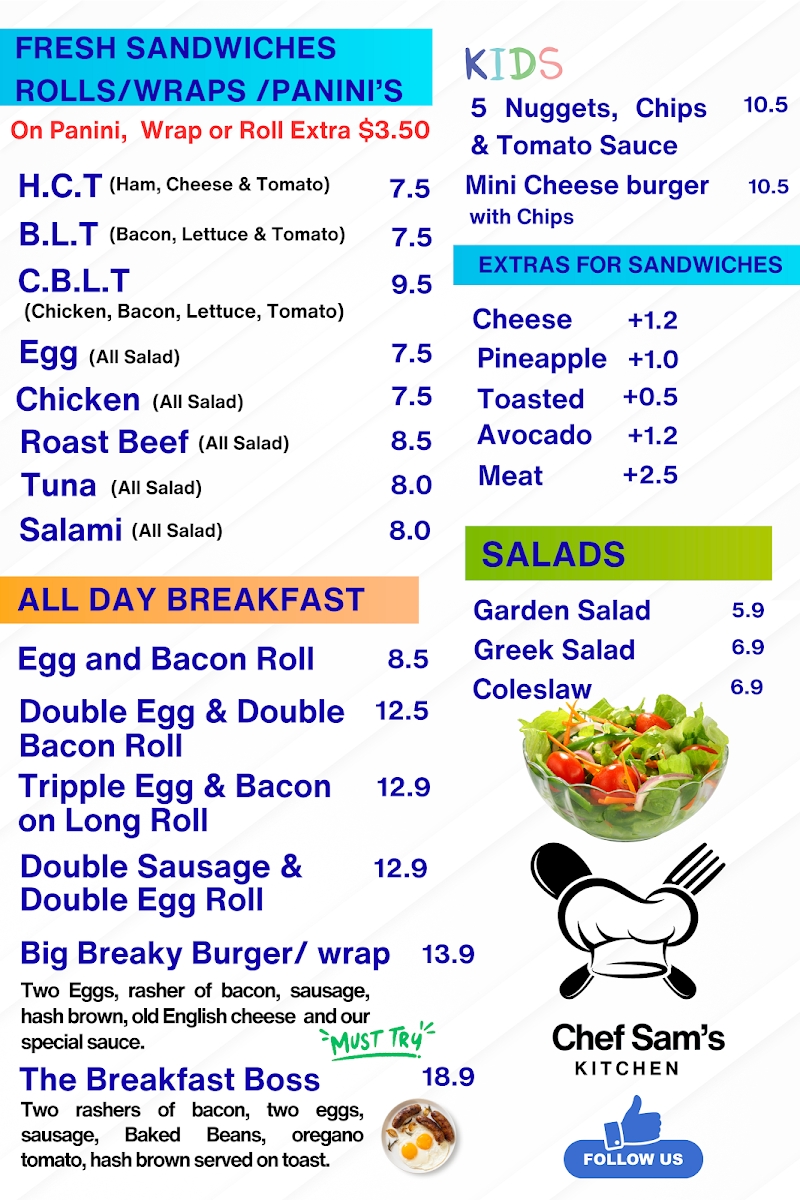 Menu, Con's Fish & Chips & Takeaway Food