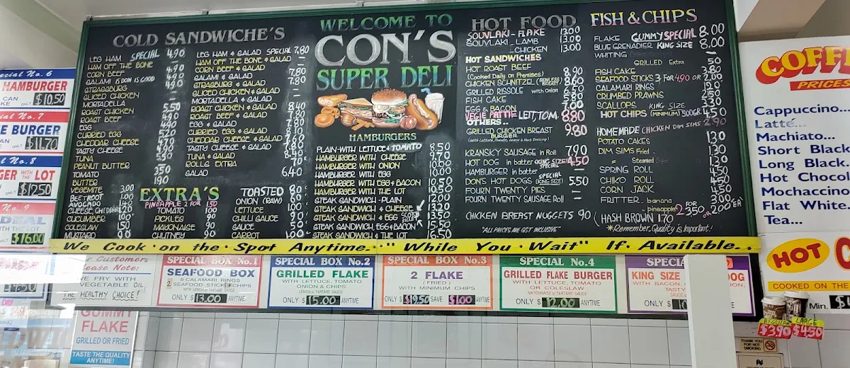 Menu, Con's Fish & Chips & Takeaway Food