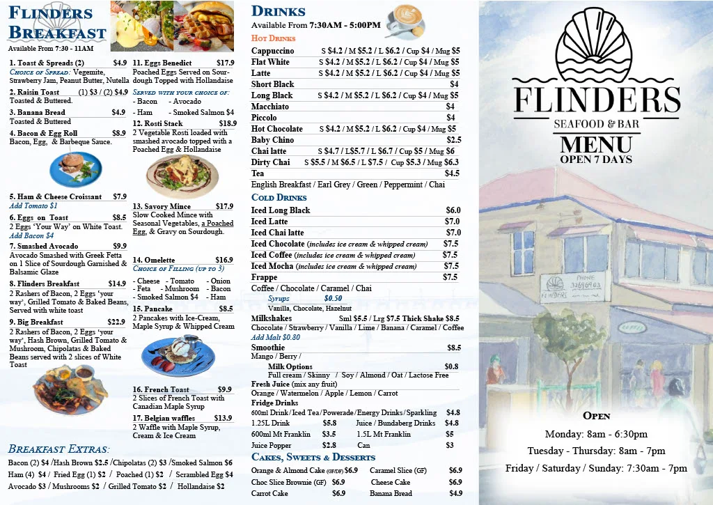 Menu, Flinders Seafood & Bar