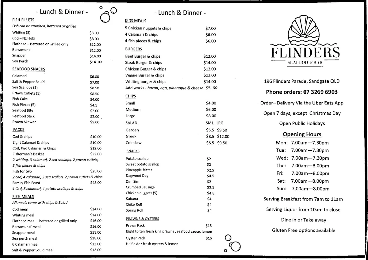 Menu, Flinders Seafood & Bar