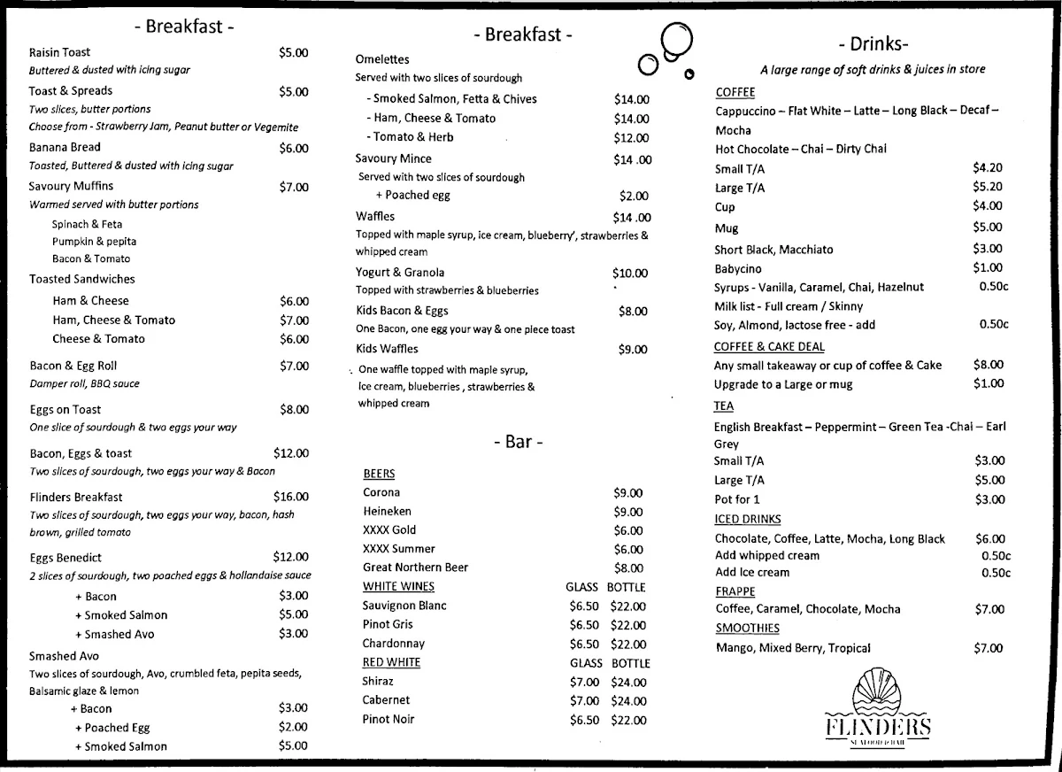 Menu, Flinders Seafood & Bar