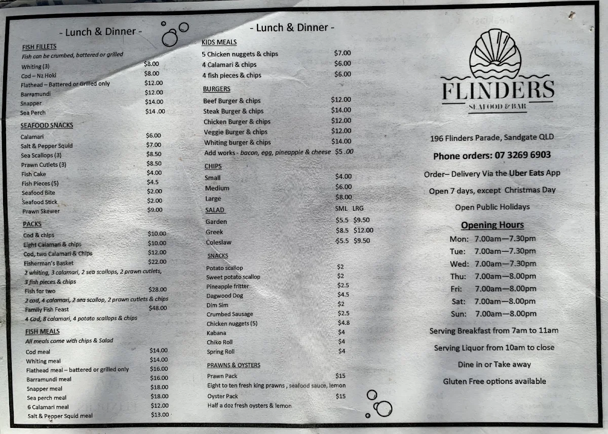 Menu, Flinders Seafood & Bar
